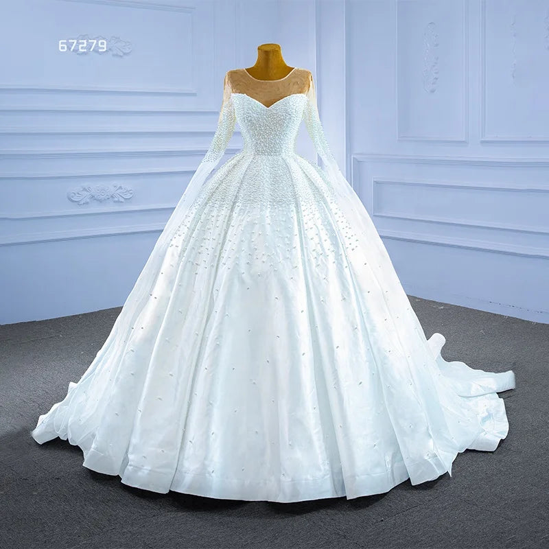 Jancember Rsm67279 Elegant and Simple Pearl Section Long-Sleeved Lace Tail Wedding Dress