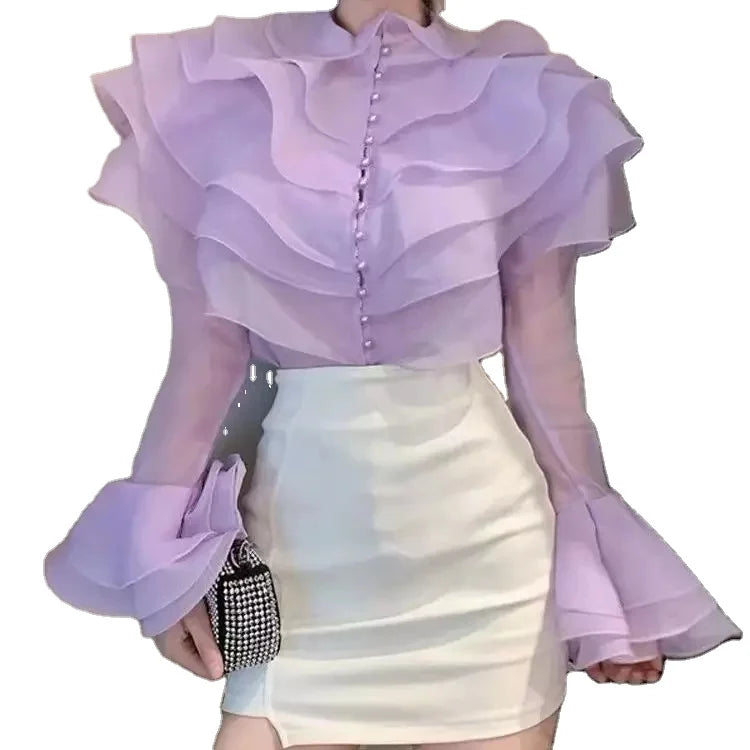 Layered Chiffon Shirt Summer Women Sweet Ruffles Sleeve Pearl Button Pink OL Tops Black White Organza Blouses Autumn Solid Color