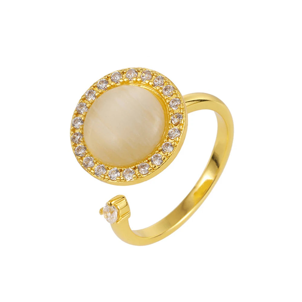 New Ins 16mm Copper Opal Rotatable Ring Cat Eye Stone Gold Inlaid White Diamond Opening Decompression Copper Ring Finger Rings