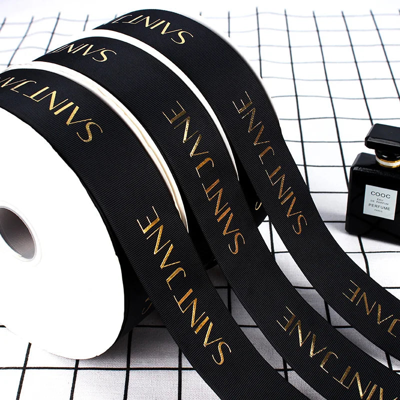 Wholesale Custom Logo Polyester Gold Foil Cintas Satin Ribbon for Packing Decoration