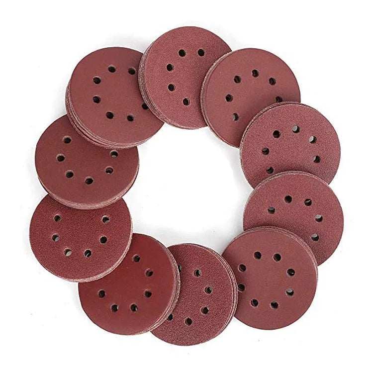 5inch 125mm 8holes Flocking Sanding Disc Alumina Manufacturer Direct Red Sandpaper Disk