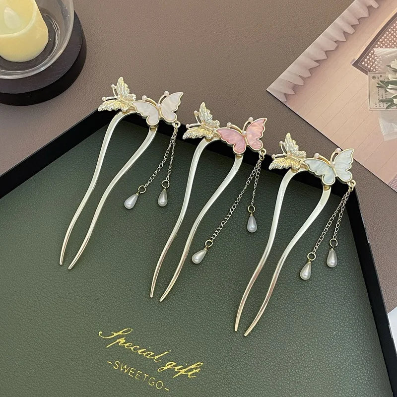 Chinese U Shape Hair Stick Women's Shell butterfly Hairpin Elegant Temperament U-shaped Double-insert Tassel Hairpin