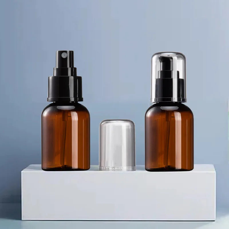 Amber Plastic Spray Bottle Lotion Round Shoulder 50ml Skin Care Lotion Bottle Luxury Brown Full Cover Cosmetic Bottle with Pump