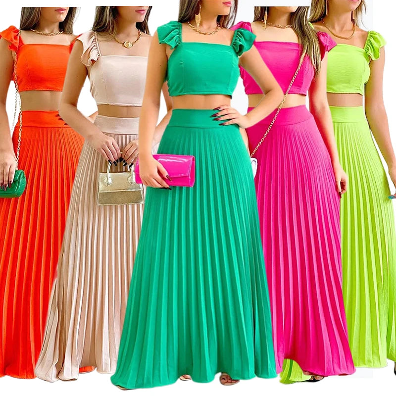 Dropshipping Womens Clothing Summer Ladies 2 Set Vest Crop Top High Waist Pleated Skirt Casual Two Piece Women's Sets Skirts