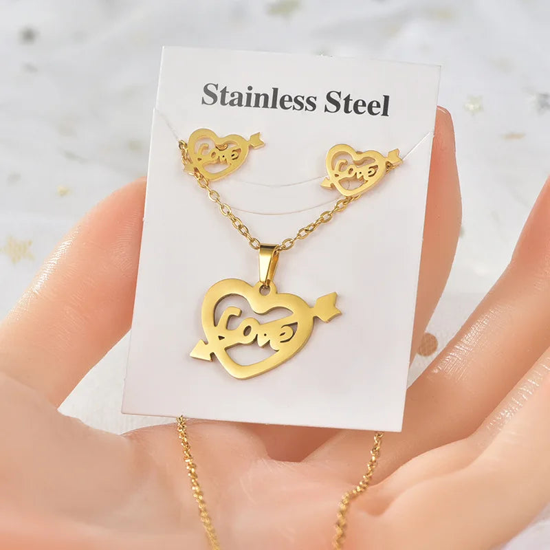 Stainless Steel Gold Plated Not Easy to Fade Animal Heart Necklace Earrings Love Stainless Steel Jewelry Set