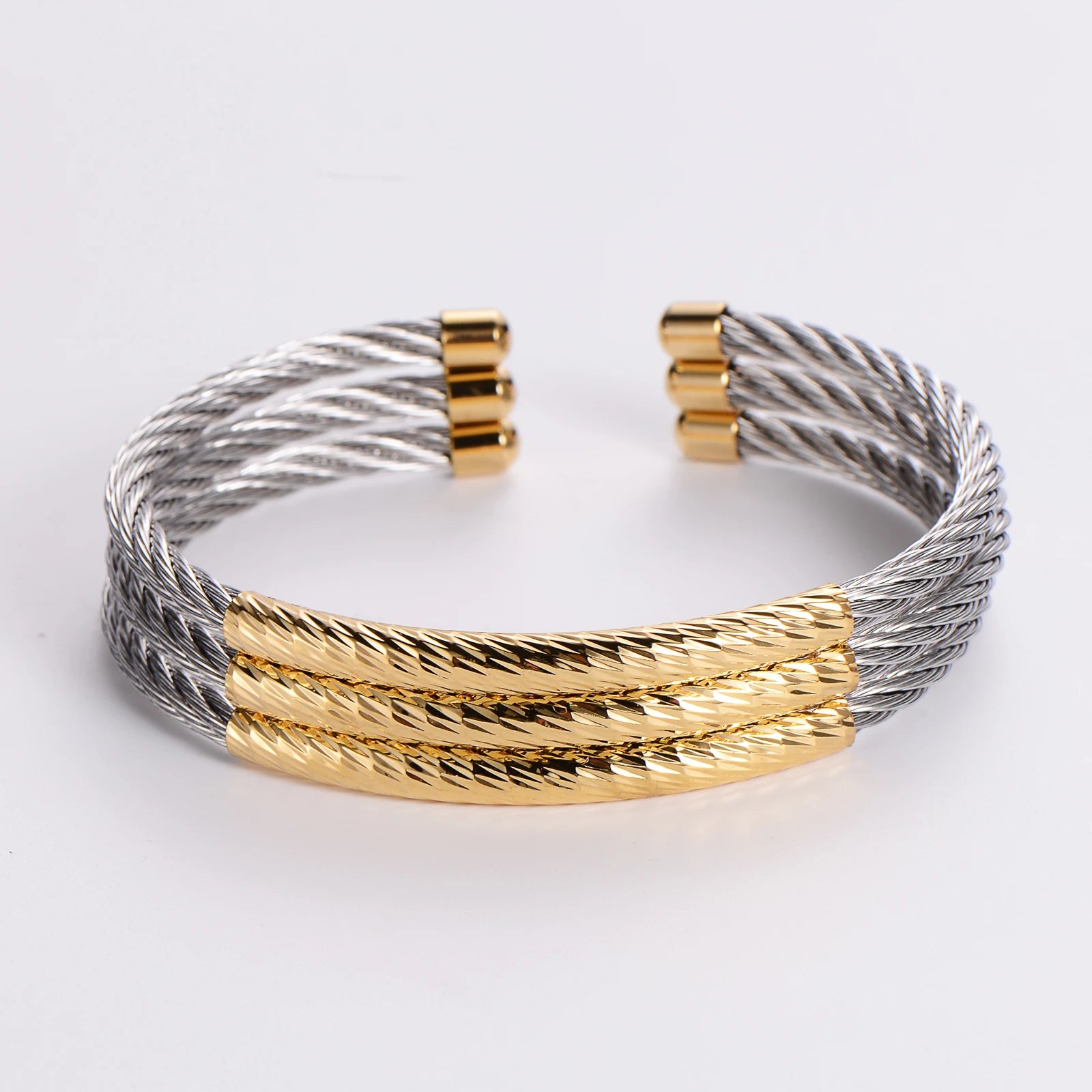 ORDRM Gold and Silver Multi Layer Stainless Steel Cable Wire Twisted Cuff Bangle Bracelet