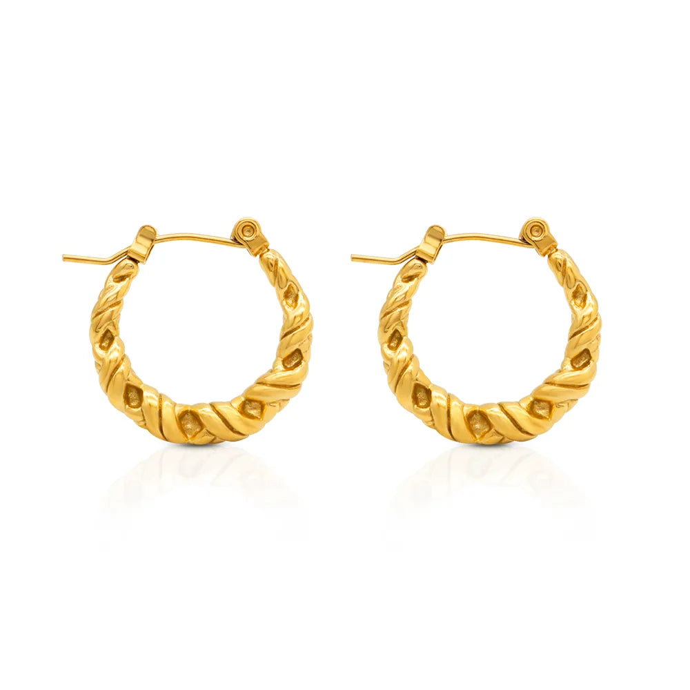 Chris April  Twisted Rope Round 316L Stainless Steel Girls c Shape 18k Gold Plated Hoop Earrings