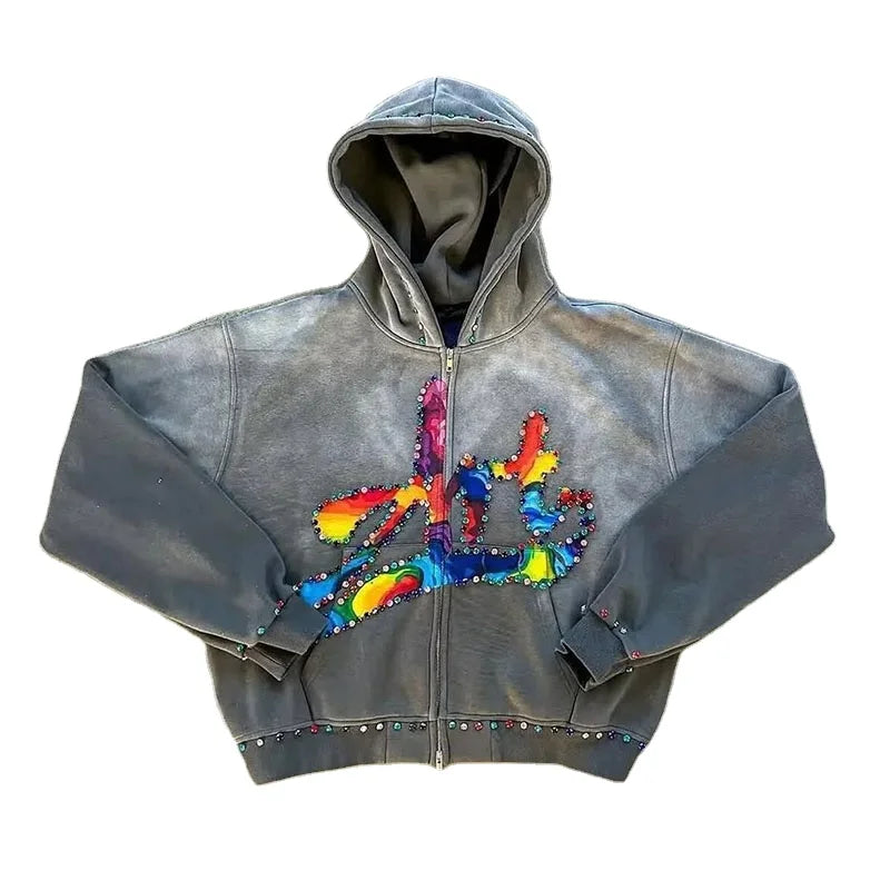 Winter Custom Acid Washed Patch Work Gem Stone Pearl Studded 100% Cotton Zipper-Up Oversized Hoodie with Rhinestones