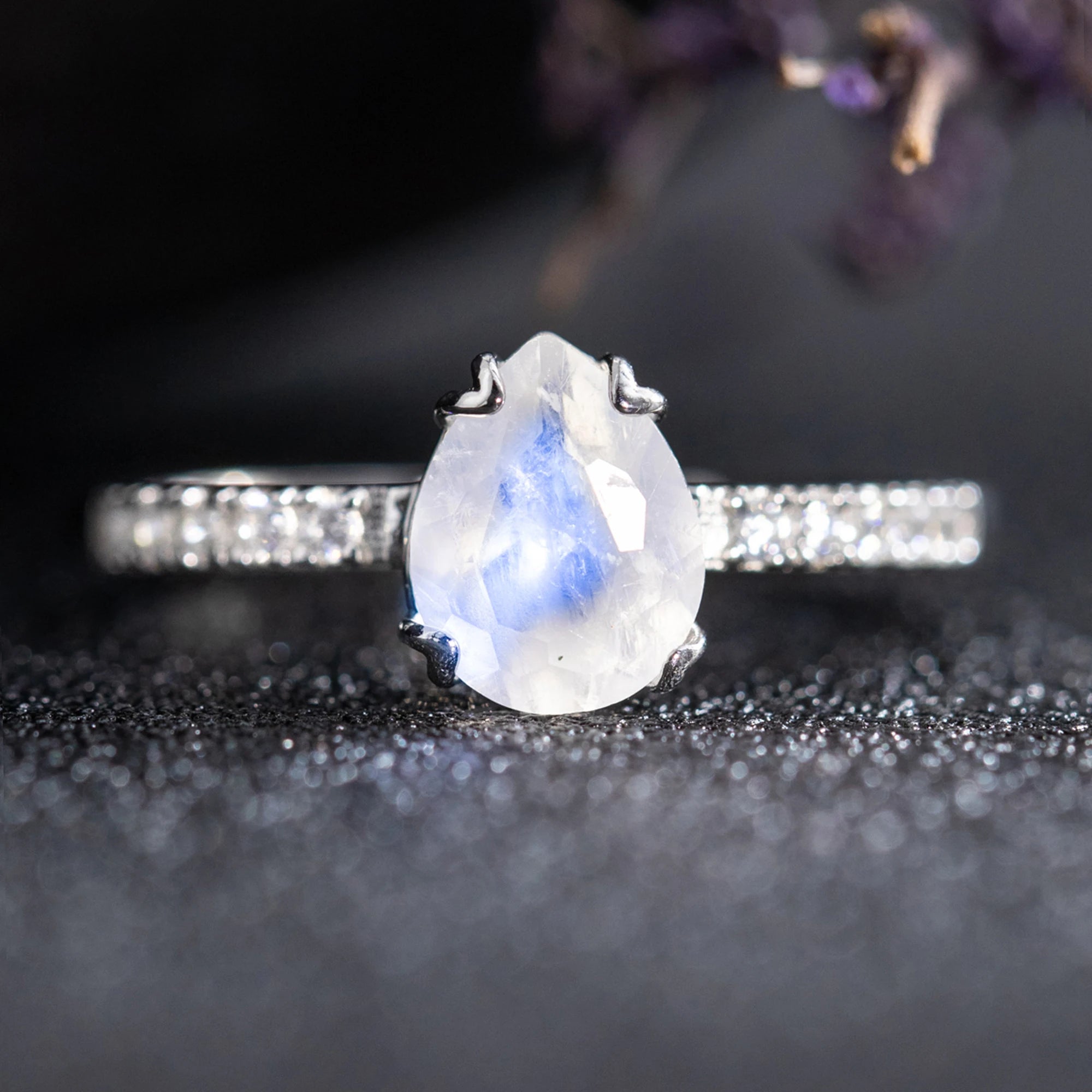 925 Sterling Silver Women Teardrop Gemstone Aquamarine Fadeless Natural Moonstone Wedding Ring