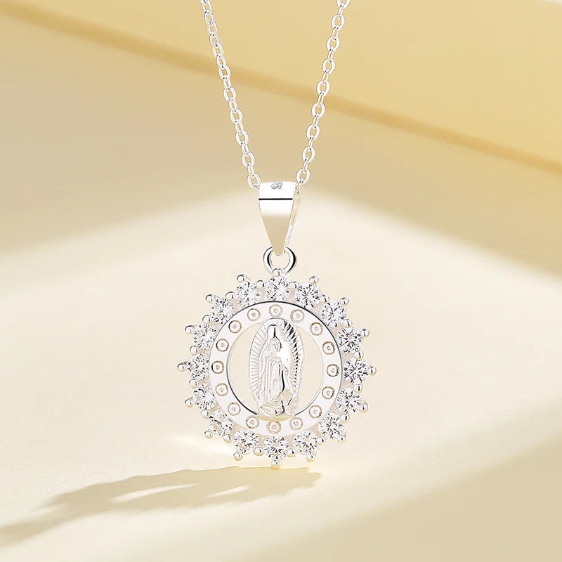 925 Cubic Zirconia Religious Circle Chain Pendant Silver Fashion Jewelry Necklaces for Women