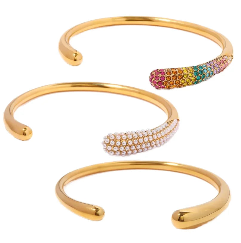 18k Gold Plated Adjustable Titanium Steel Cubic Zircon Open Pearl Bracelet Bangle