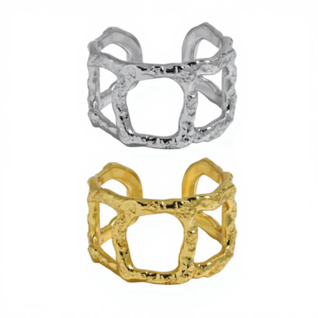 FUAMAY Classic Boho Chic Wedding Party Geometric Square Hollow Fence Rings Silver Women 925 Sterling