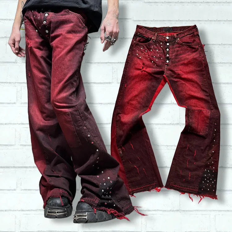 Distressed Baggy Straight Leg Flare Pants Denim Custom Burgundy Studded Flared Jeans Men