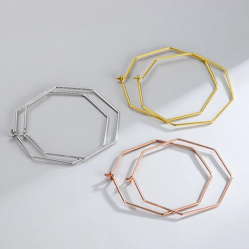 38mm Personalized 925 Sterling Silver Gold Plating Hollow Geometry Octagon Wire Hoop Earring for Women Wholesale