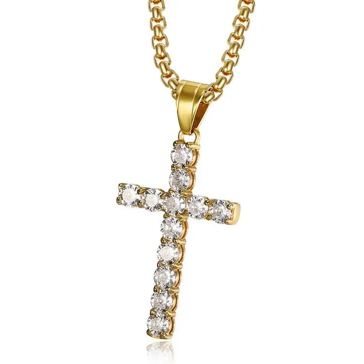 High Quality New Design Hip Hop Gold Plated Stainless Titanium Steel Cubic Zirconia Stone Cross Christian Pendant Necklace Men
