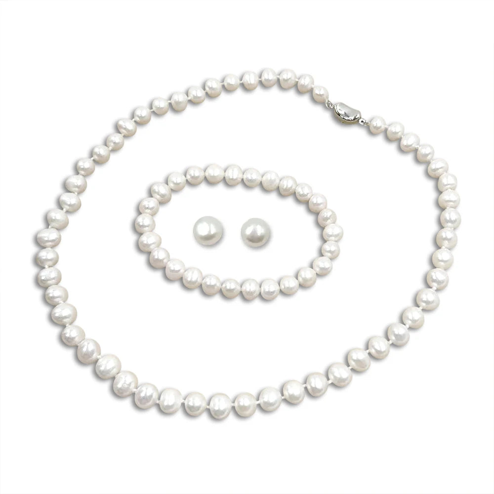 925 Silver Earring with Freshwater Pearl Set Good Luster AA+ Potato Pearl Wedding Factory Price Wholesale 8mm Jewelry
