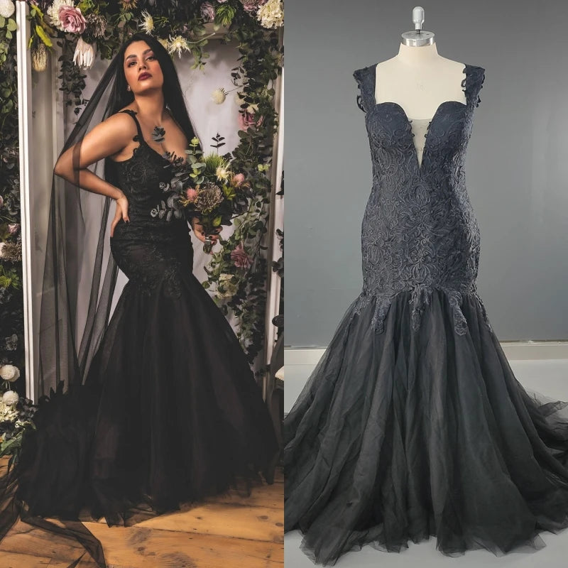 8707# Real Photos Black Elegant Sweep Train Wedding Dress Lace Appliques Low Back Beading Mermaid Bridal Gown for Women