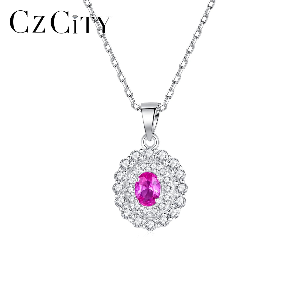 2026 CZCITY Fine Jewelry Sterling Pendant Necklace Rhodium Plated Cubic Zirconia Oval Cut Lab Gemstone Necklace