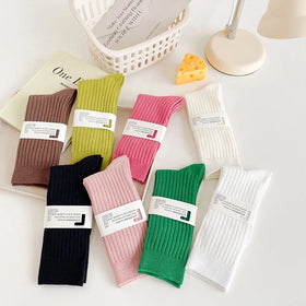 Wholesale Brown Pink Black White Plain Socks Casual Ribbed Cotton Crew Socks for Women