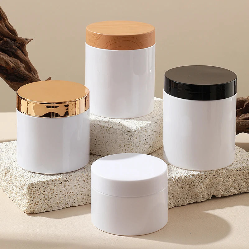 White Plastic Jar with Wood Grain Lid 5oz 6oz 8oz 250ml Capacity Empty Cosmetic Butter Scrub Cream Container for Skin Care