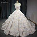 Gorgeous Champagne Evening Dresses Ball Gown Scoop Neck Appliques Lace Ruffle Cathedral Train 6711