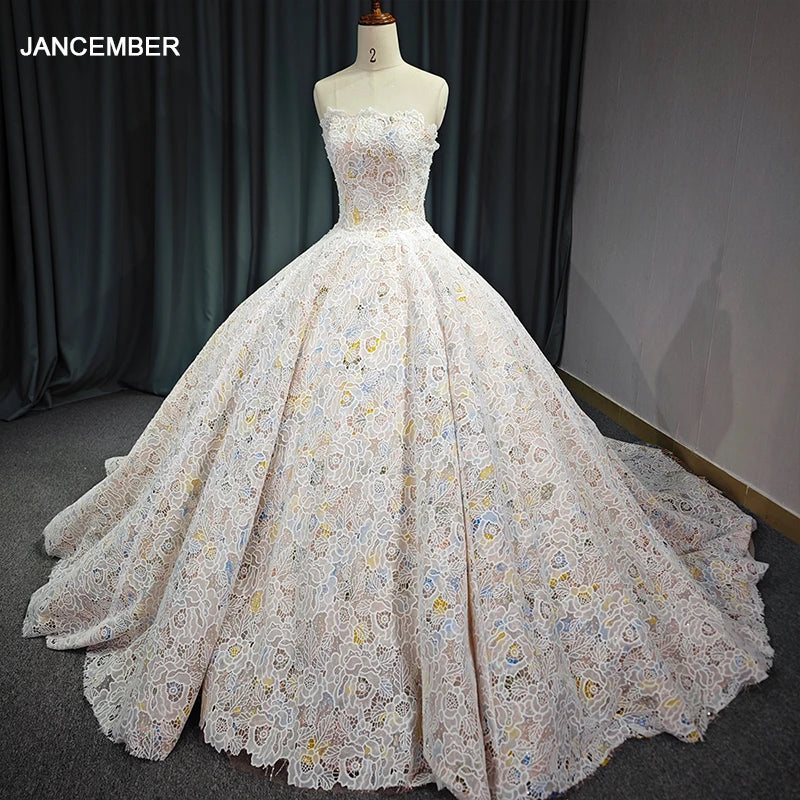 Gorgeous Champagne Evening Dresses Ball Gown Scoop Neck Appliques Lace Ruffle Cathedral Train 6711