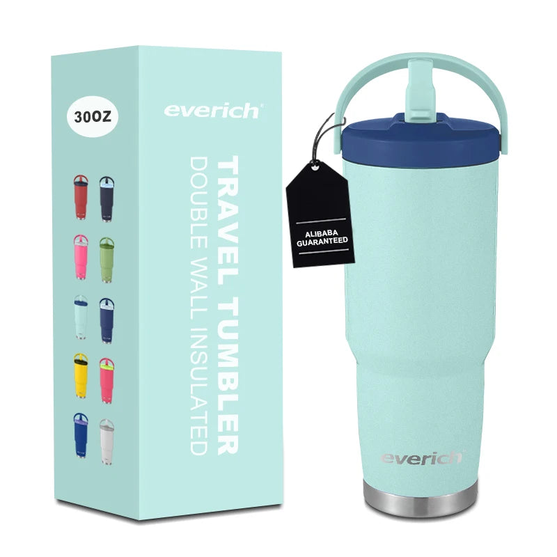 New Design 14oz Stainless Steel Tumbler with Foldable Handle Insulated Vacuum Flask with Straw Lid Leak Proof Water Bottle