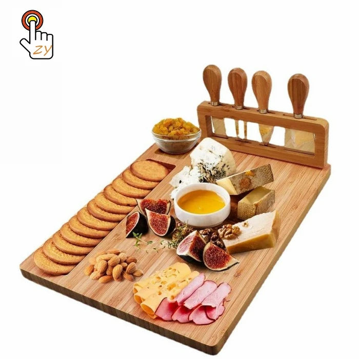 Factory Price Bamboo Cheese Board Set Cutting Board with 4 Stainless Steel Serving Utensils