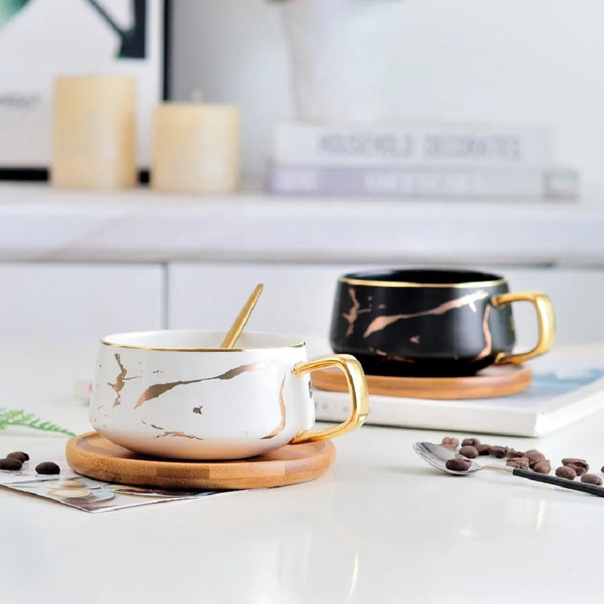 Hot Selling Nordic Ceramic Coffee Mark Cup Marbled Household Water Cup With Lid Spoon Creative Cup and Saucer