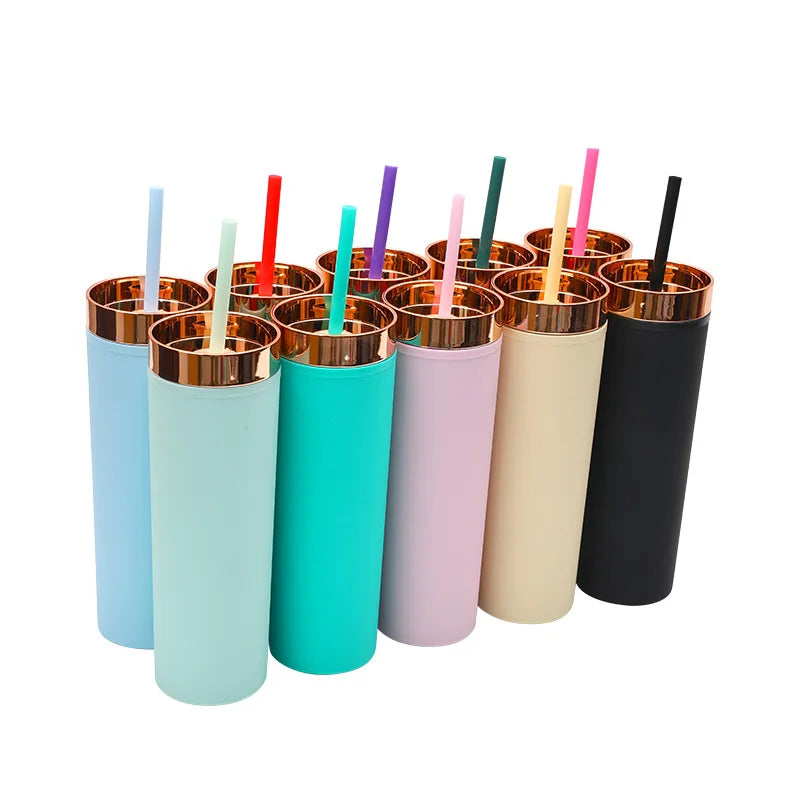 Wholesale Custom Acrylic 16Oz Skinny Tumbler with Lid and Straw Rose Gold Cup Pre Drilled Double Wall Plastic Semi-Matte Tumbler