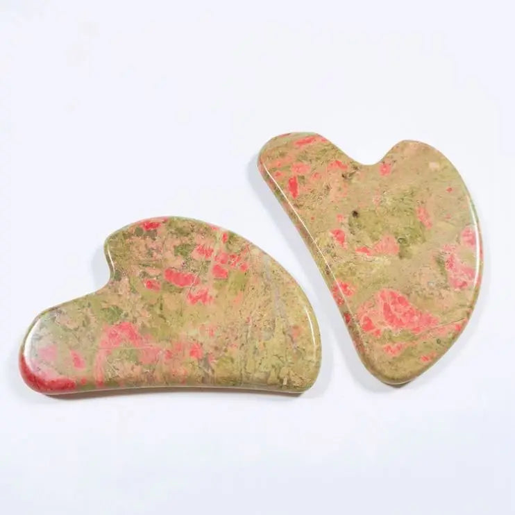 HUIYING Wholesale Natural Stone Heart Shape Guasha Facial Tool Pink unakite Jade Gua Sha For Scrapers Face Massage