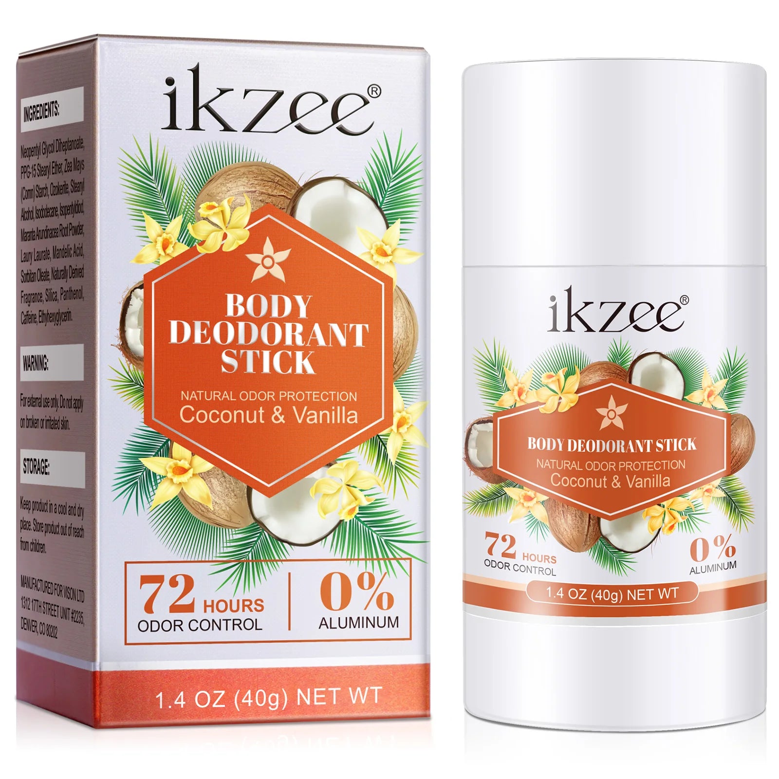 IKZEE Private Label 72 Hours Odor Control 40g Coconut Vanilla Natural Body Lady Speed Men Underarm Reusable Deodorant Stick
