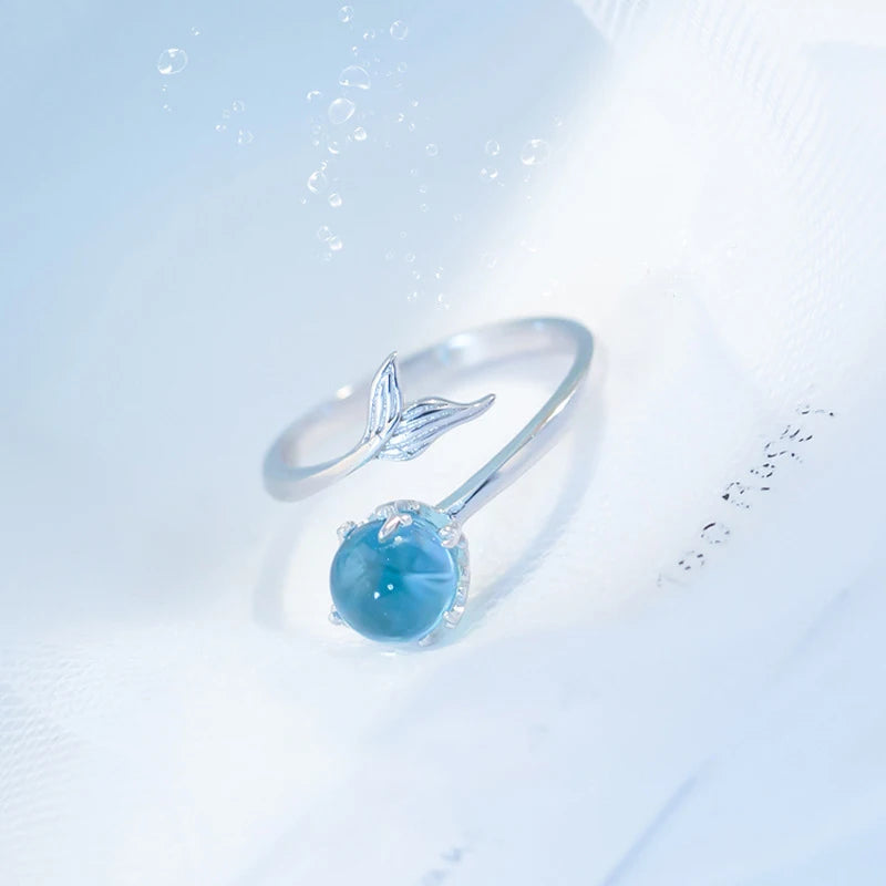 Korean Version Creative Personality Mermaid Foam Ring Adjustable 925 Sterling Silver Fishtail Ring  for Women