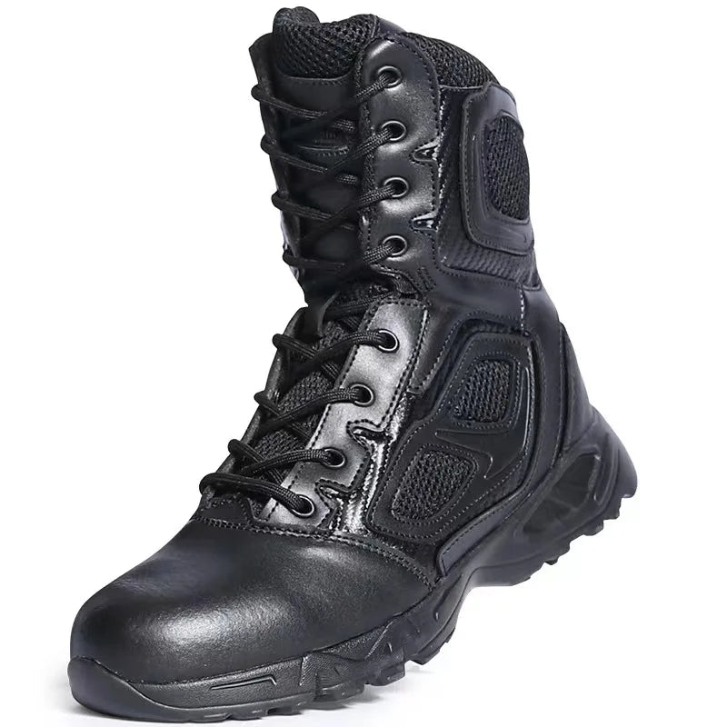 Men's High Top Leather Hiking Shoes Lightweight Wear-Resistant Summer Tactical Training Boots Steel Toe Rubber Breathable Winter