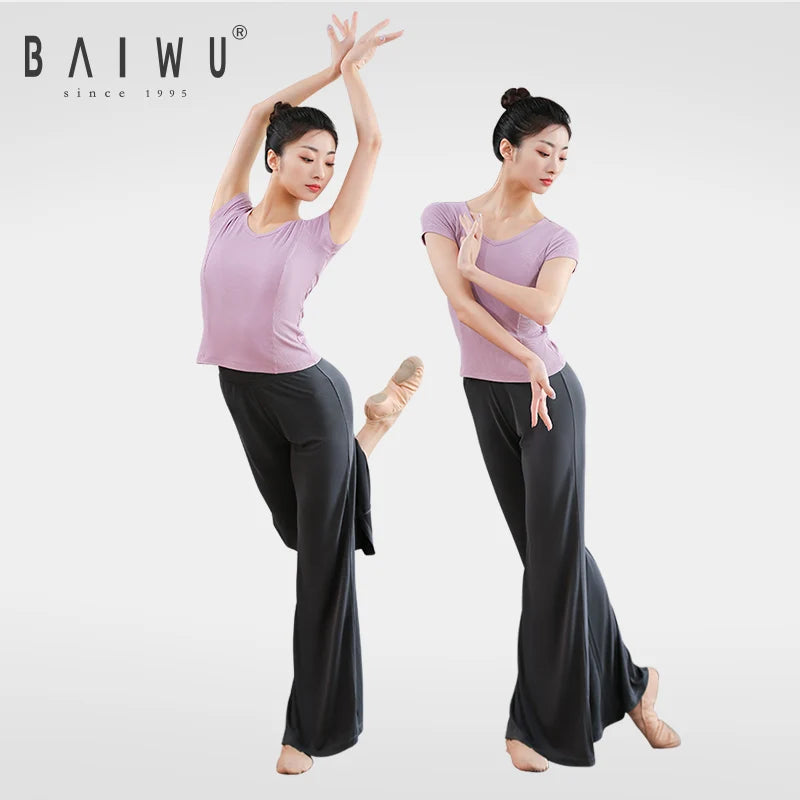 Baiwu Ballet Dance Crop Tops Women T Shirts Short Sleeve Round Neck Running Fitness Yoga Top 122120001
