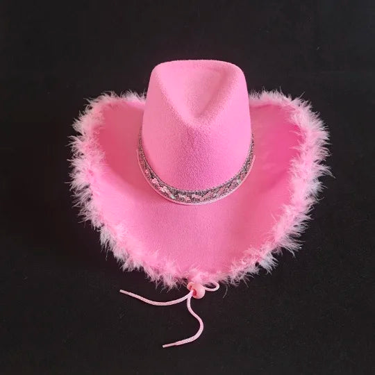 2024 Women's Pink Cowboy Hat with Feather Sequins Fashionable Western Party Design for Fishing Casual Outdoor Use