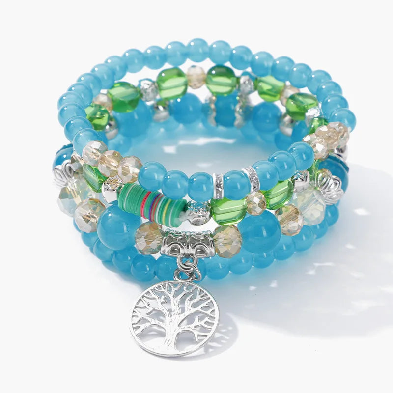 YL Fashion Women's Bohemian Multi Layered Tree of Life Pendant Bracelet Handmade Beaded Set Artificial Crystal Glass Jewelry