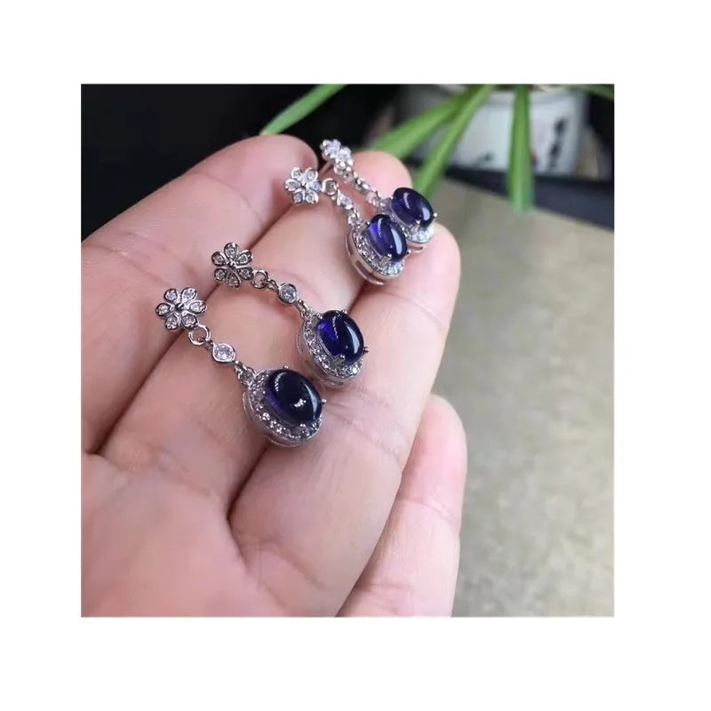 Classic Fine Healing Natural Raw Crystal Stone Jewelry Dichroite 925 Sterling Silver Inlaidea Earrings for Women Fashion