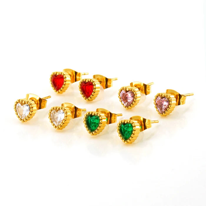 18k Gold Plated Korean Luxury Stainless Steel Heart Zircon Stud Earrings Women's Fashion Jewelry for Party & Gift Occasions