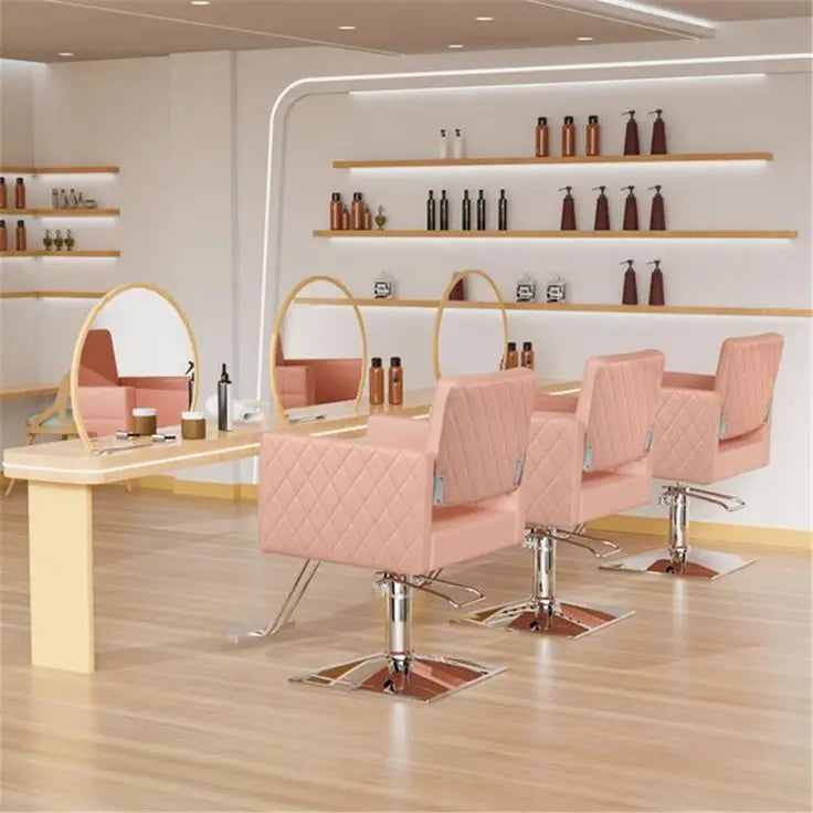 Pink Reclining Barber Chair with Hydraulic Pump and Leather Seat for Beauty Salons Hotels & Schools