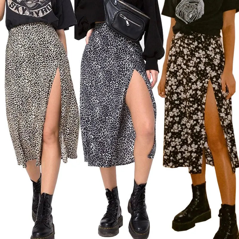 Ladies Clothes High Waist Slit Skirts Elastic a Line Leopard Print  Knee Length Skirts for Women