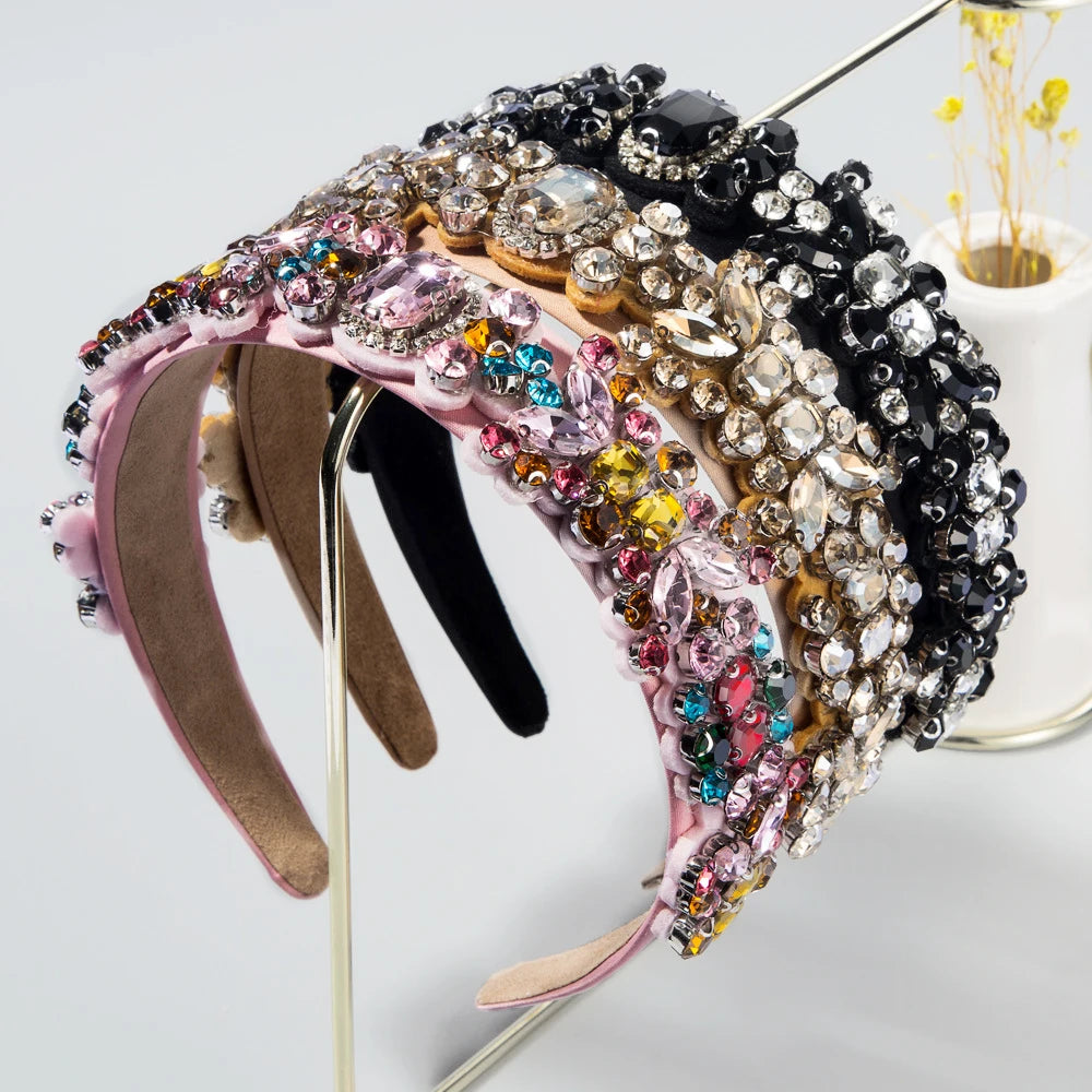 Designer Crystals Flowers Hair Hoop Girls Baroque Big Colorful Rhinestones Hair Band Flannel Lining Padded Hair Bands for Women
