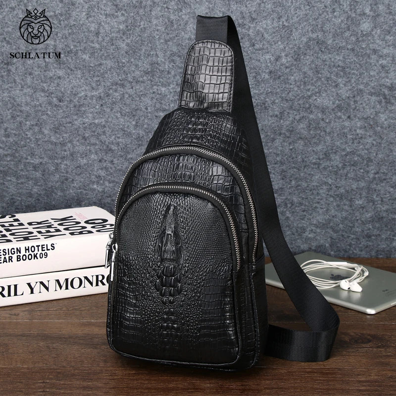 SCHLATUM Men's Genuine Leather Vintage Chest Bag Zipper Sport Casual Crossbody Sling Bag Crocodile Pattern Large