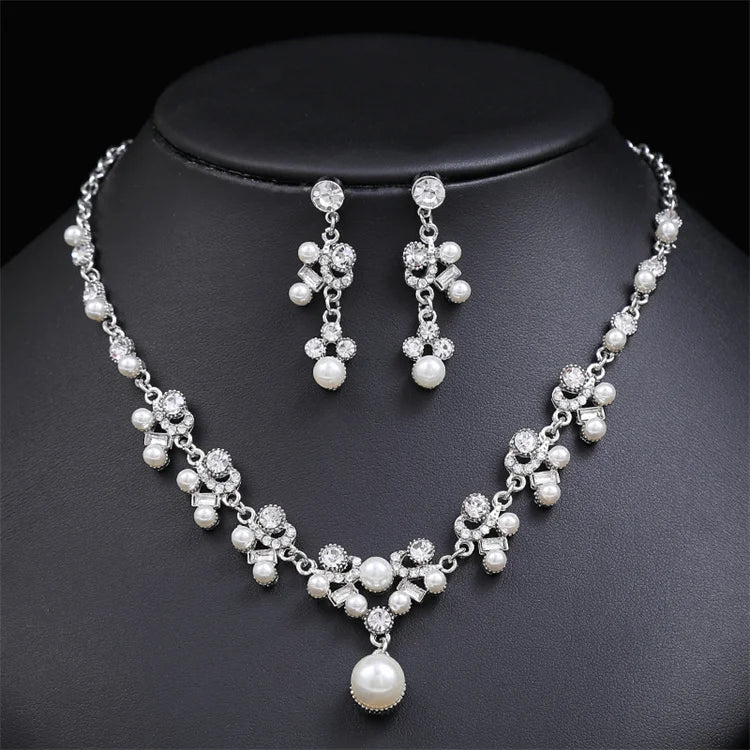 Wholesale New Luxury High Quality Bridal Dress Statement Pearl Diamond Necklace Earring Set Wedding Women