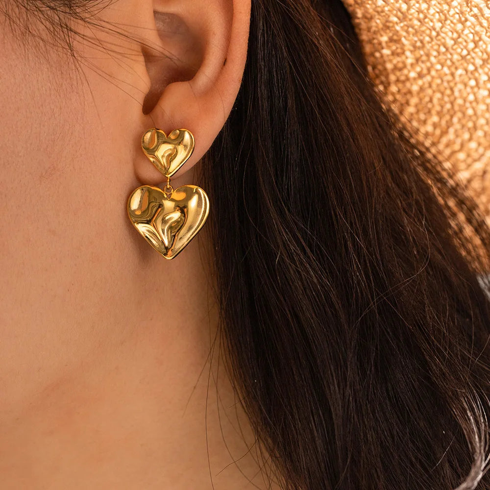INS Trendy 18K PVD Gold Plated Jewellery Non Tarnish Waterproof Hammer Texture Heart Earrings for Women