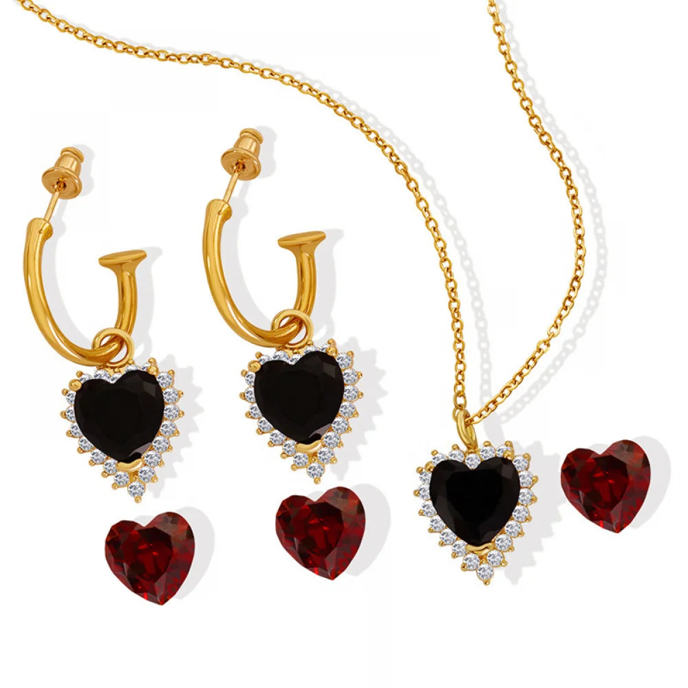 Luxury Wedding Sparkling Brass 18K Gold Plated Crystal Stone Earring Necklace Stainless Steel Jewelry Heart Set