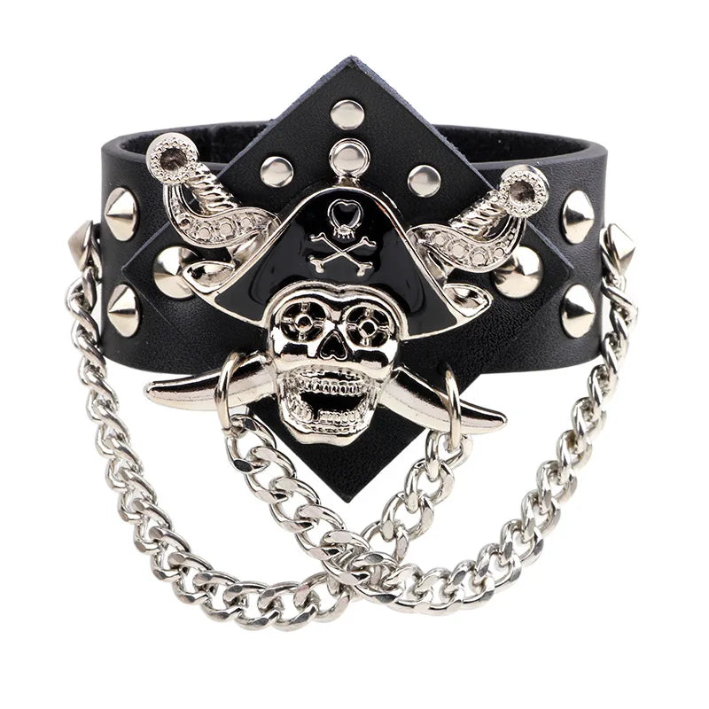 Hip Hop Punk Style Bracelet Caribbean Pirate Skull Wide Leather Bracelet Personalized Metal Rivet Bracelet Male