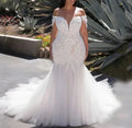 African Tulle Appliqued Beaded Customized Mermaid Bridal Gown off Shoulder Wedding Dresses