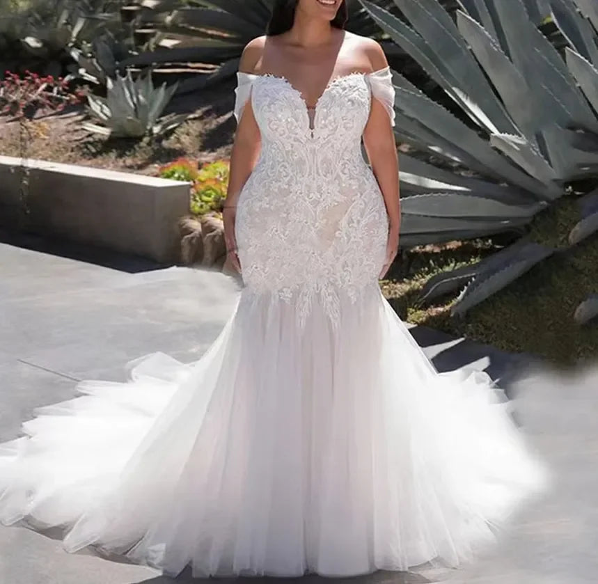 African Tulle Appliqued Beaded Customized Mermaid Bridal Gown off Shoulder Wedding Dresses