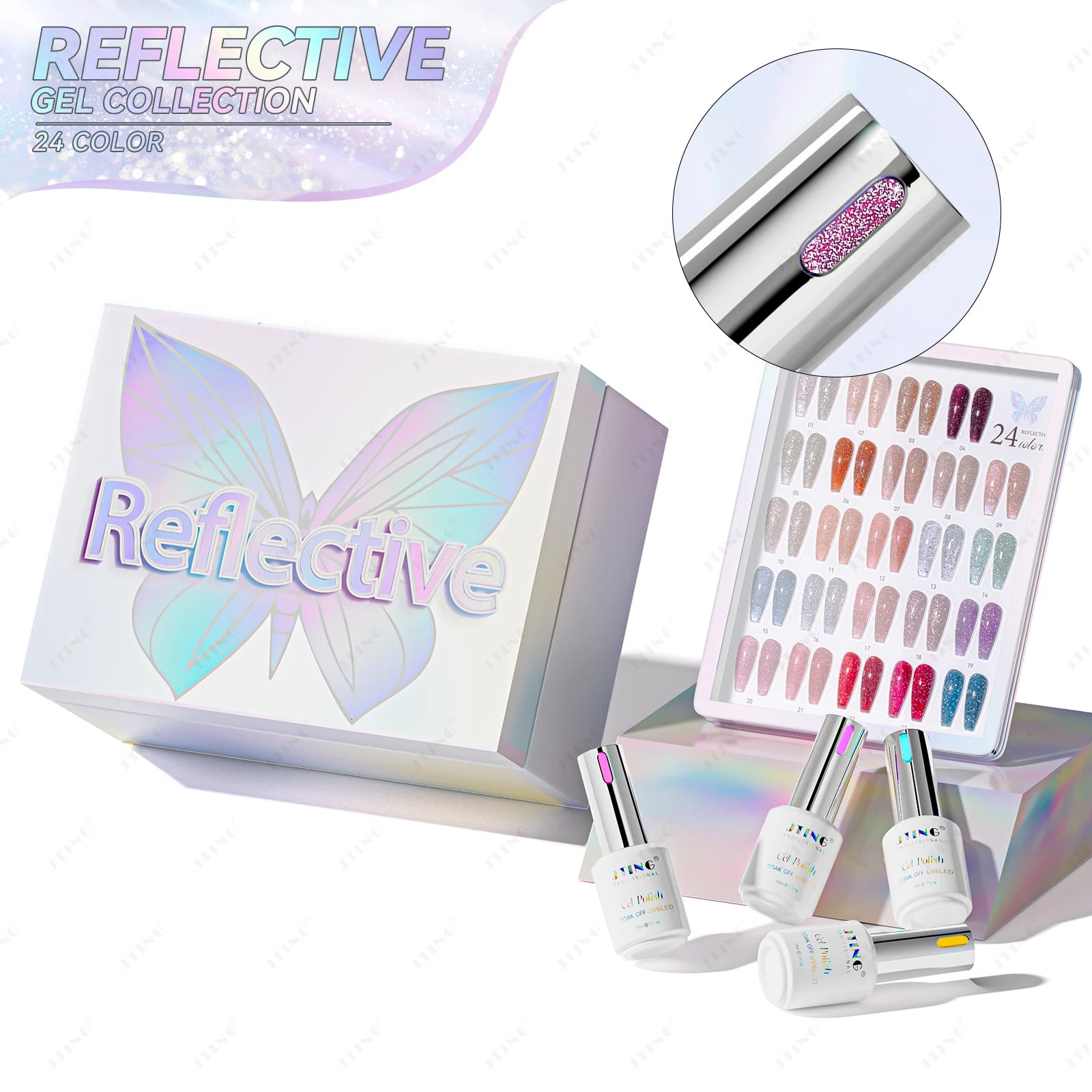 JTING Unique New Bottles Color Caps 24color Reflective Disco Gel Collection Set Box Super Shiny Reflective Disco Gel Nail Polish